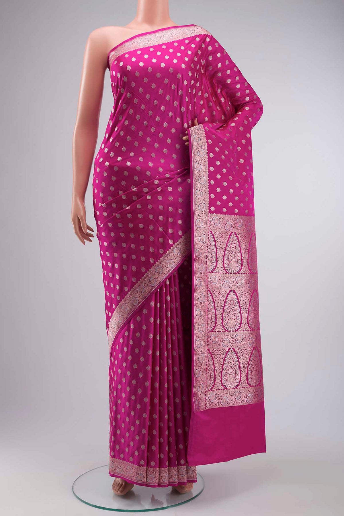 Pink Blended Banarasi Silk Saree with Zari Butta on the body and Zari Border displayed on a mannequin