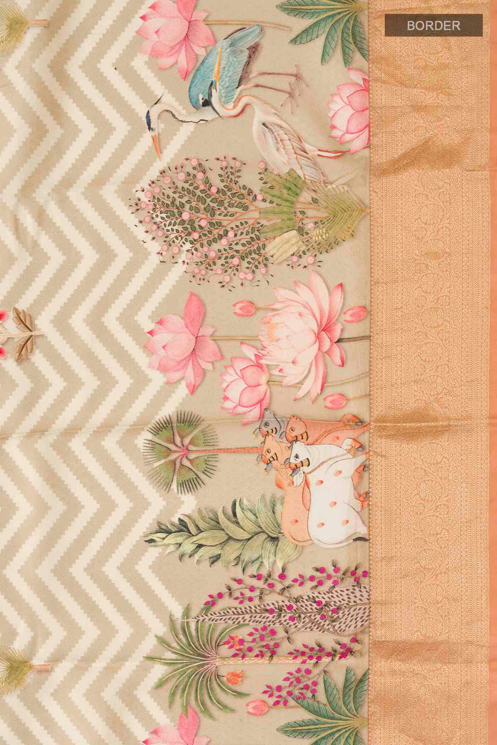 Border image of Beige Printed Silk Saree with Printed design on the body and Zari Border