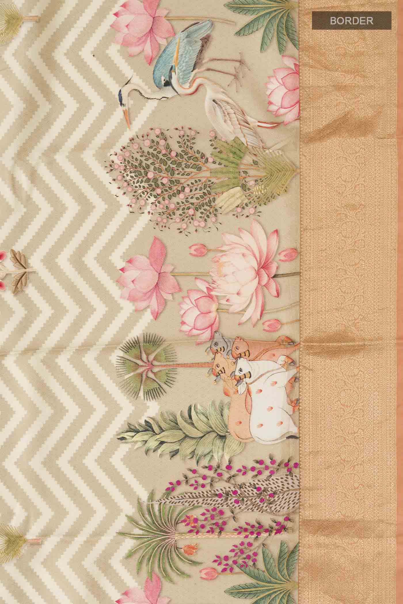Border image of Beige Printed Silk Saree with Printed design on the body and Zari Border