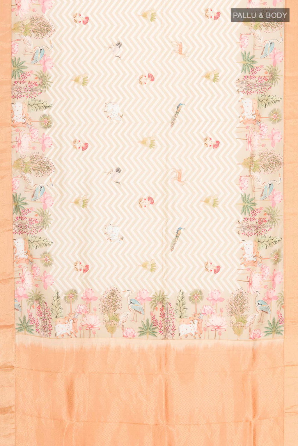 Flat view of Beige Printed Silk Saree with Printed design on the body and Zari Border