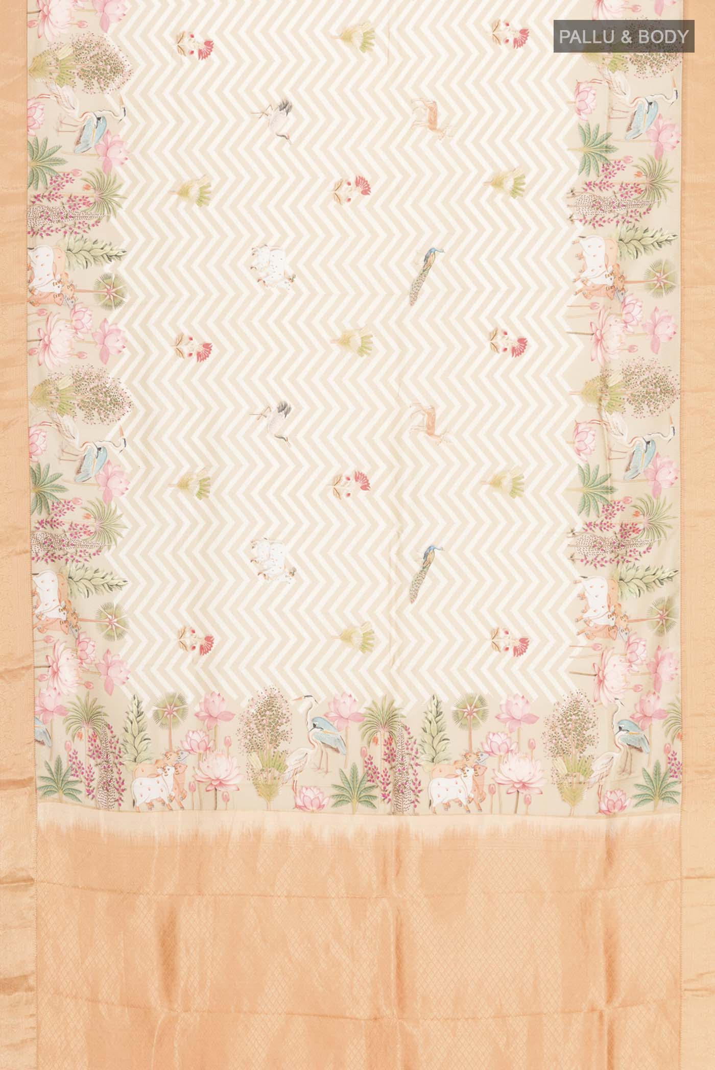 Flat view of Beige Printed Silk Saree with Printed design on the body and Zari Border