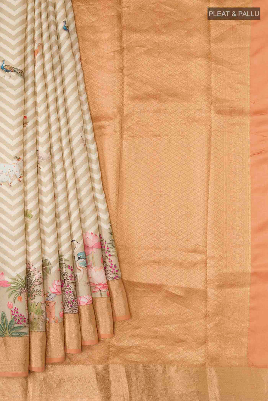 Pleats and pallu of Beige Printed Silk Saree with Printed design on the body and Zari Border