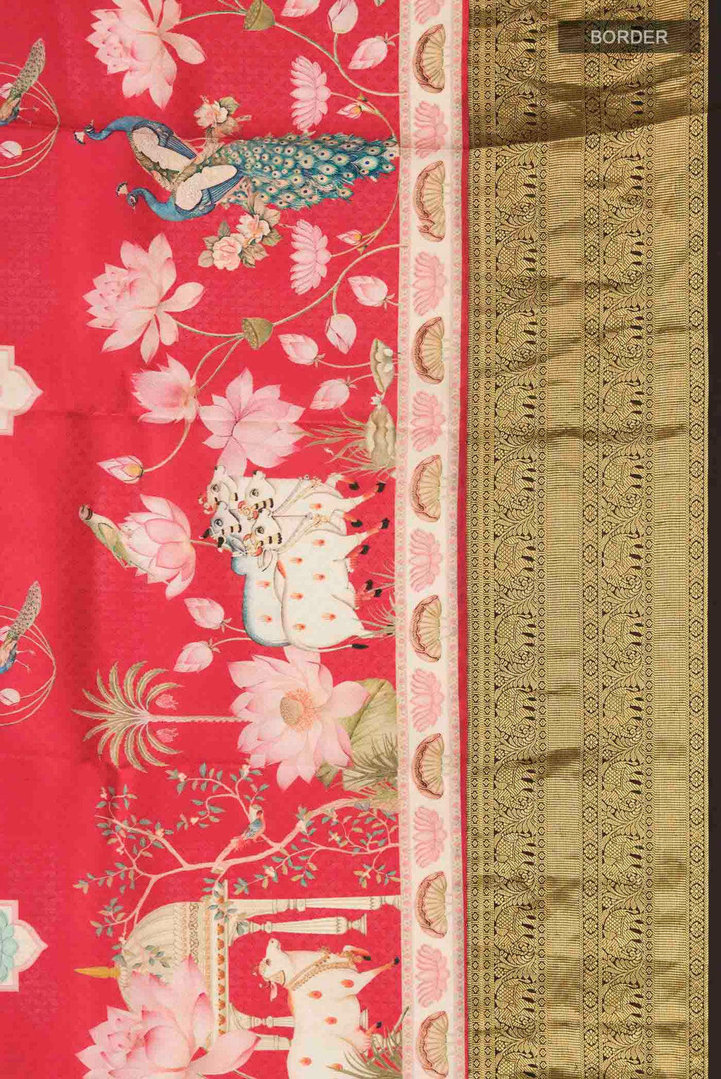 Border image of Red Printed Silk Saree with Printed design on the body and Zari Border