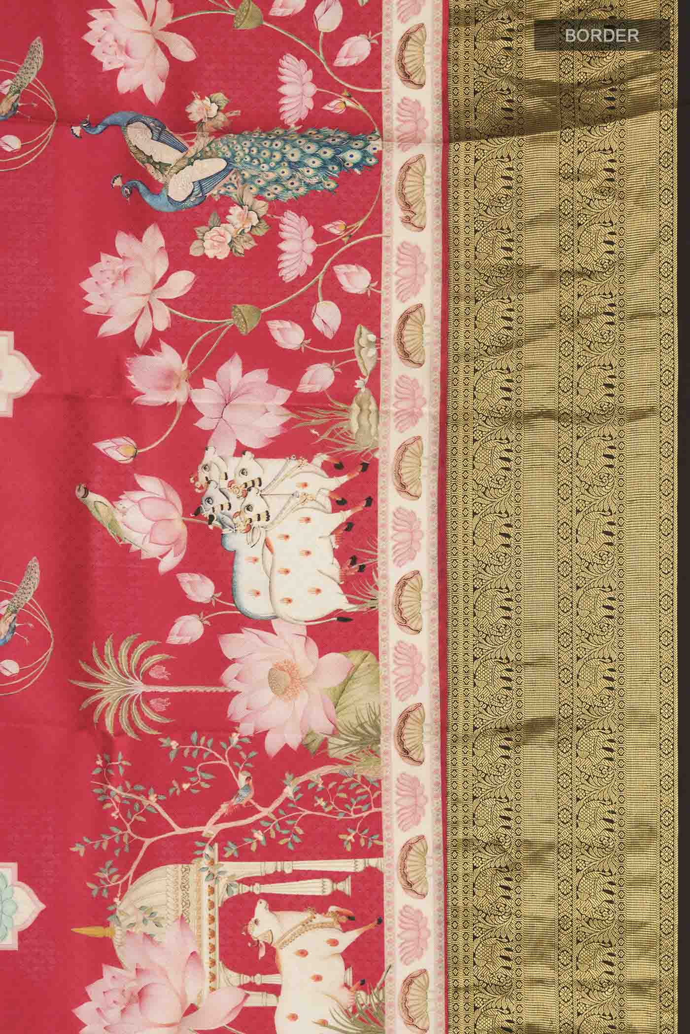 Border image of Red Printed Silk Saree with Printed design on the body and Zari Border