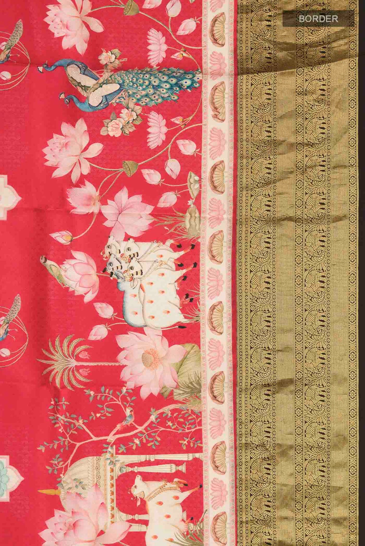 Border image of Red Printed Silk Saree with Printed design on the body and Zari Border
