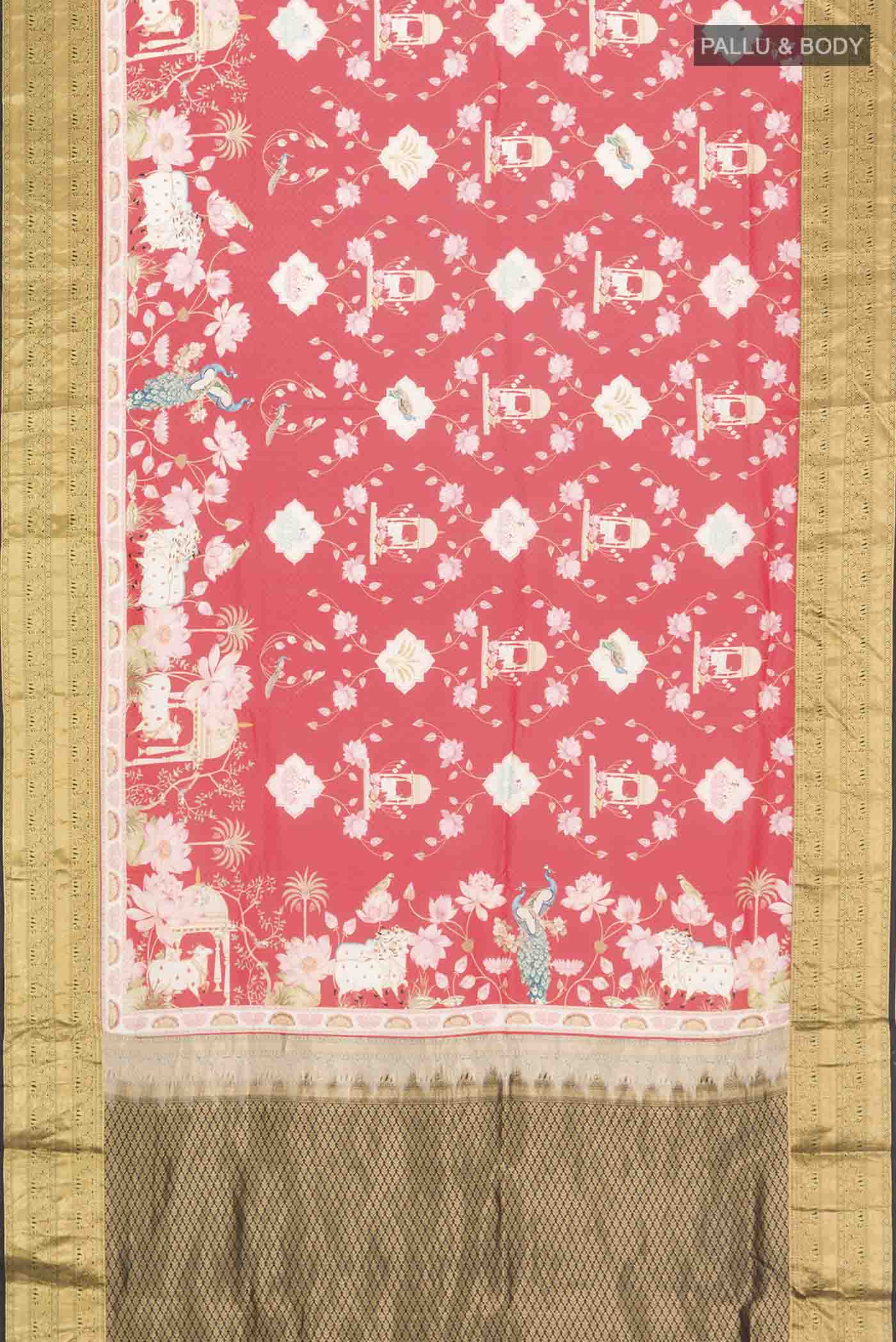 Flat view of Red Printed Silk Saree with Printed design on the body and Zari Border