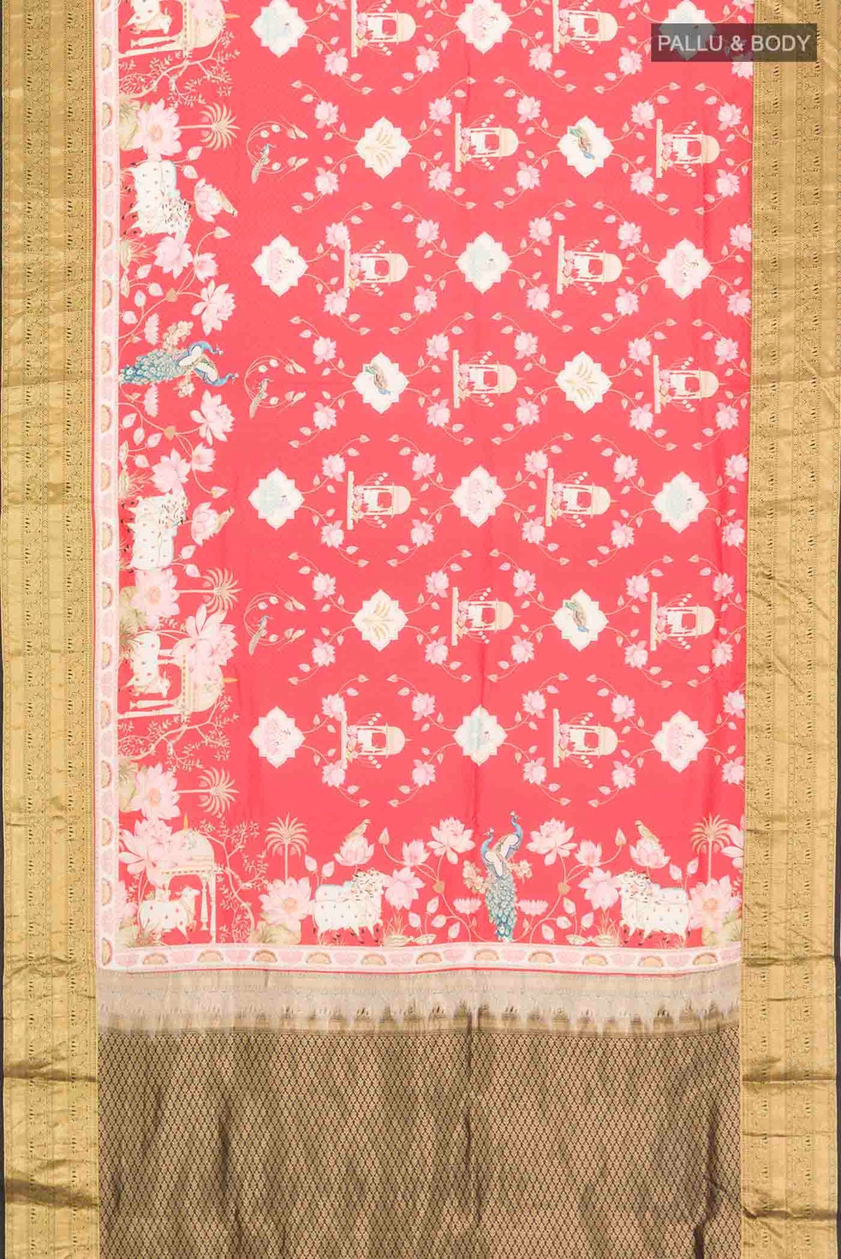 Flat view of Red Printed Silk Saree with Printed design on the body and Zari Border