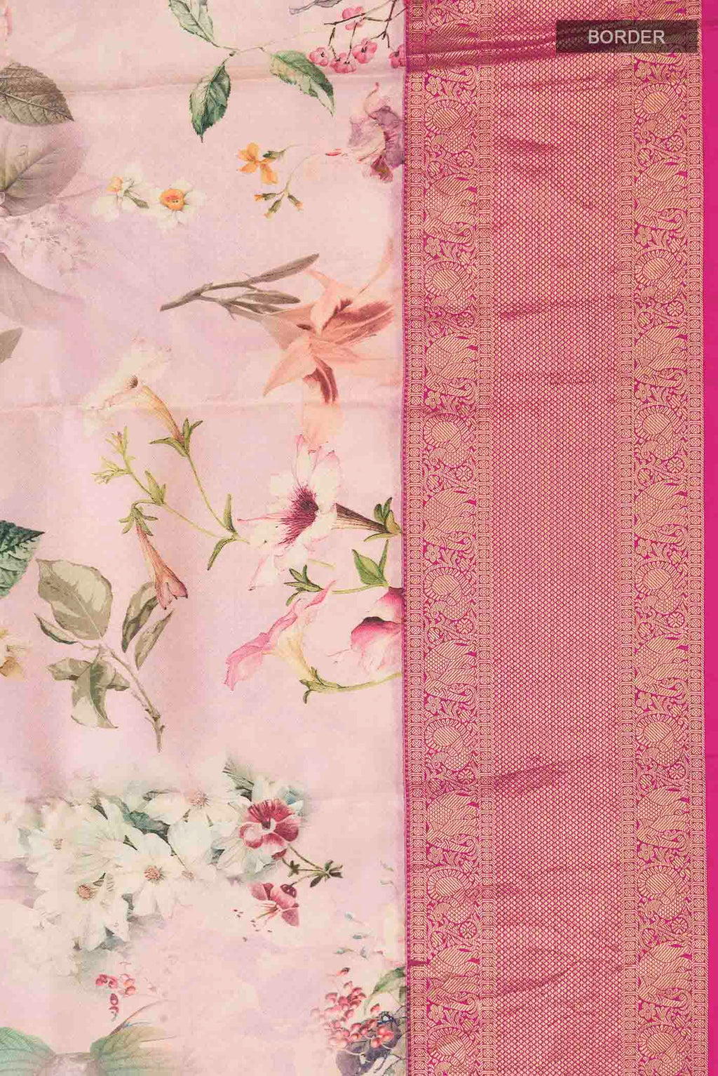 Border image of Rose pink Printed Silk Saree with Printed design on the body and Zari Border