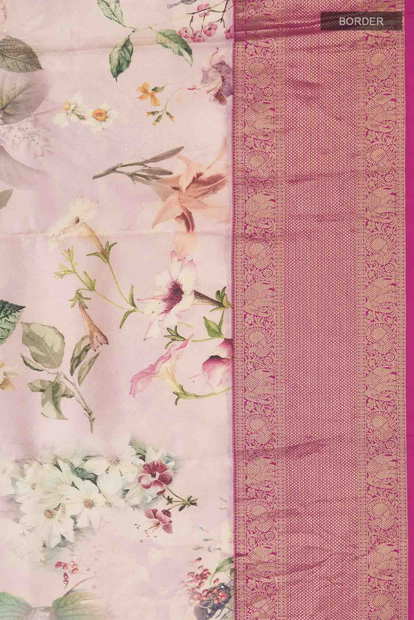 Border image of Rose pink Printed Silk Saree with Printed design on the body and Zari Border