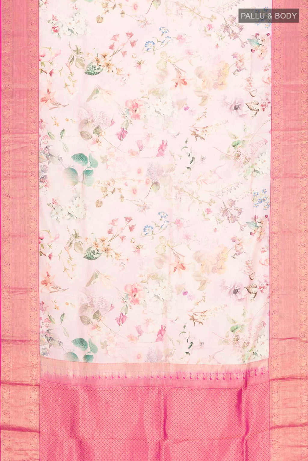 Flat view of Rose pink Printed Silk Saree with Printed design on the body and Zari Border