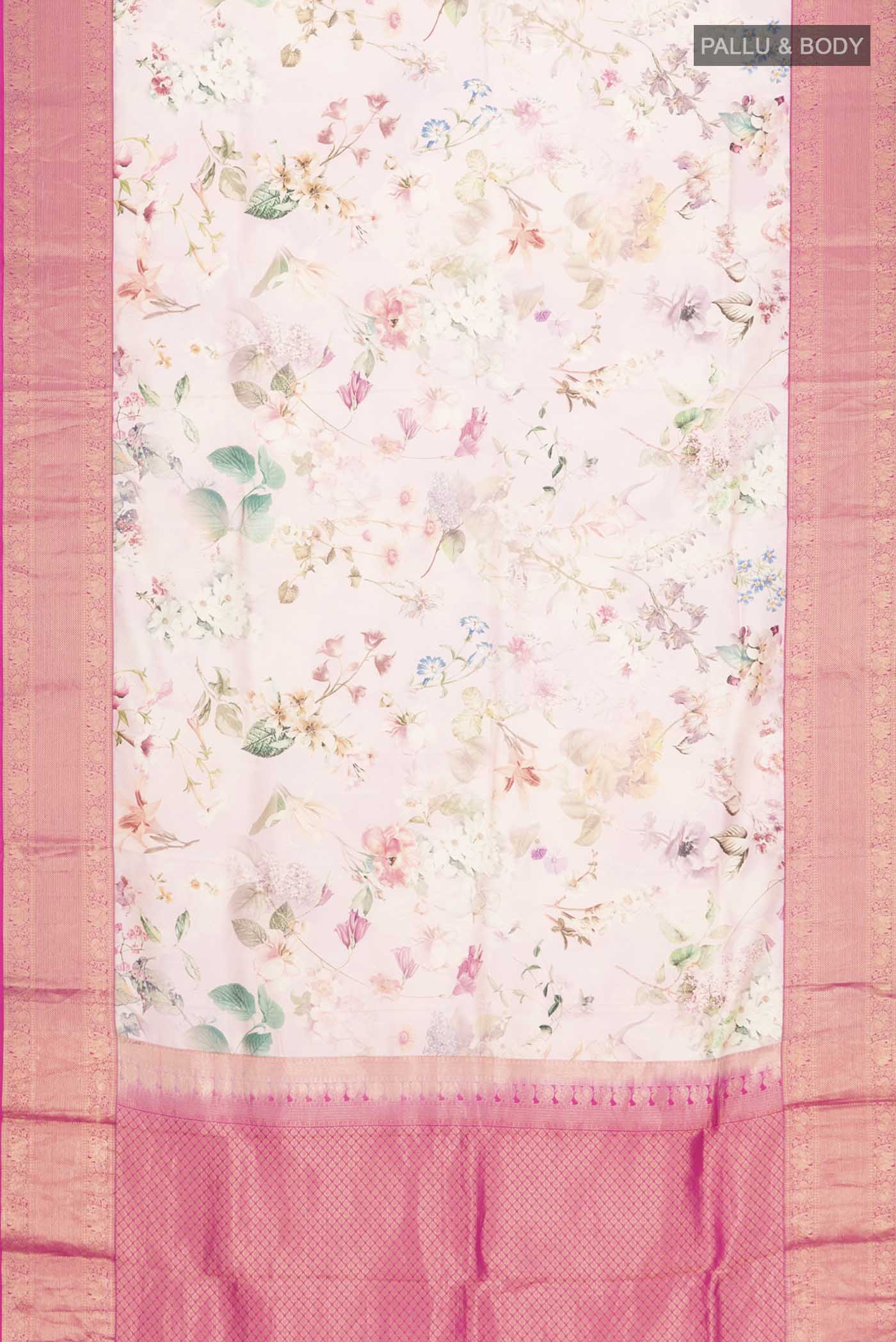 Flat view of Rose pink Printed Silk Saree with Printed design on the body and Zari Border