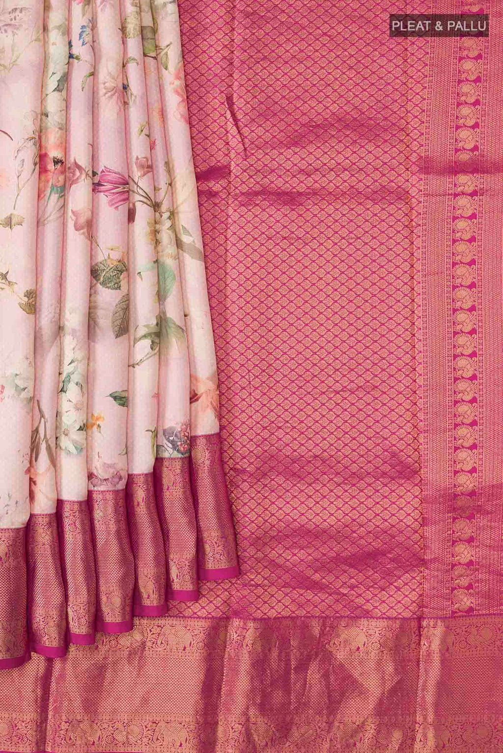 Pleats and pallu of Rose pink Printed Silk Saree with Printed design on the body and Zari Border