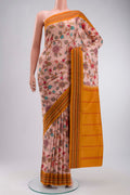Rose pink Printed Silk Saree with Printed design on the body and Thread Border displayed on a mannequin