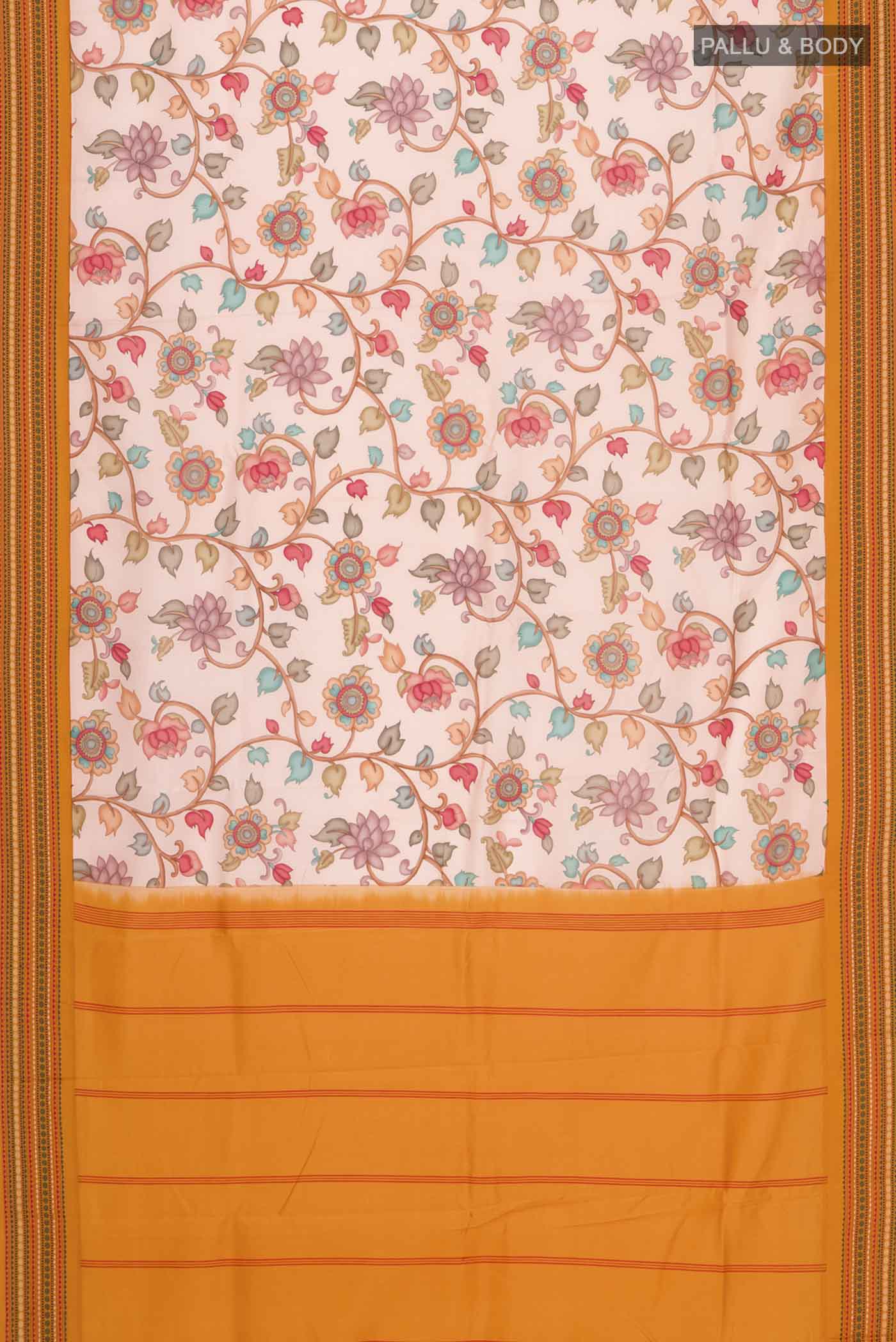 Flat view of Rose pink Printed Silk Saree with Printed design on the body and Thread Border