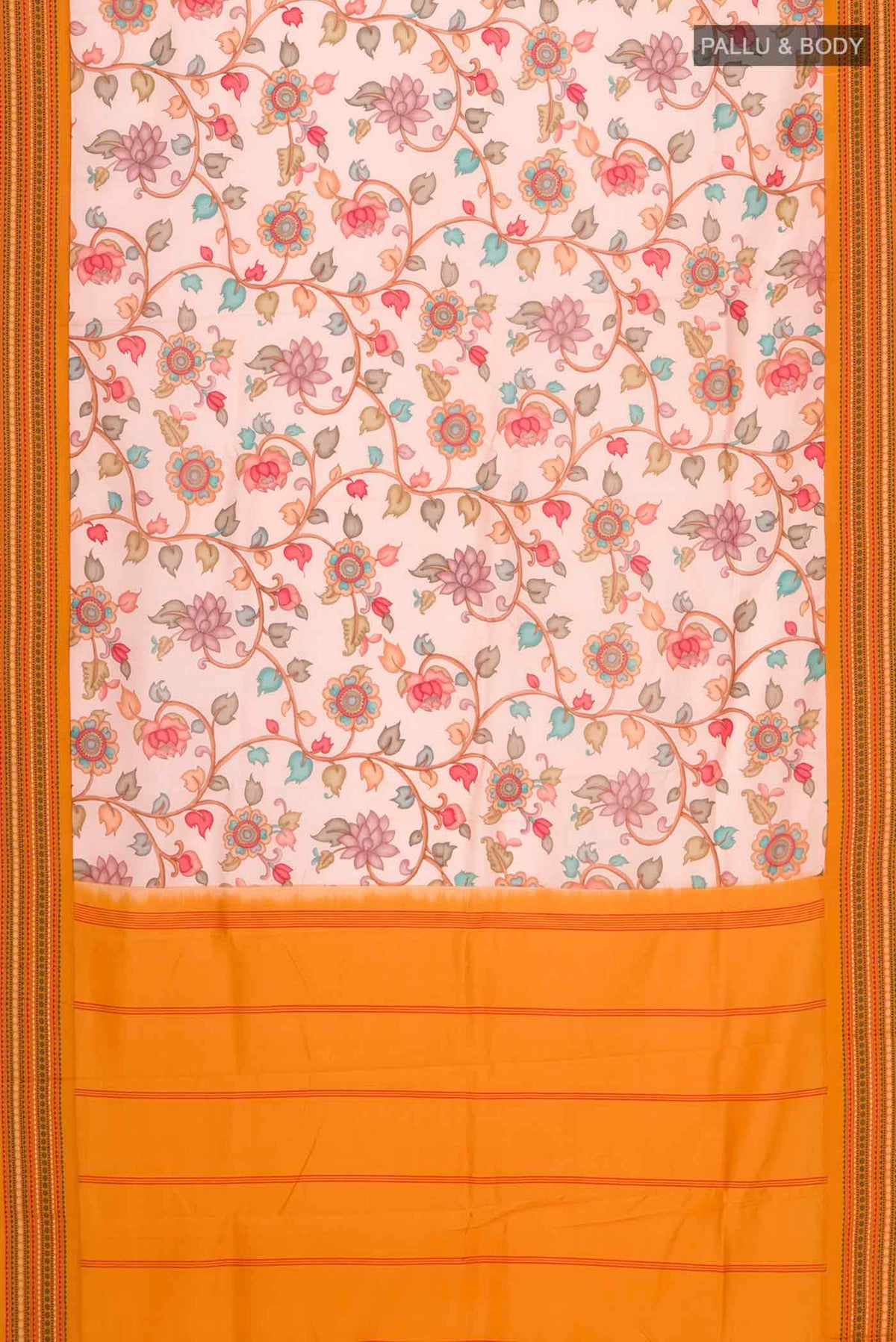 Flat view of Rose pink Printed Silk Saree with Printed design on the body and Thread Border