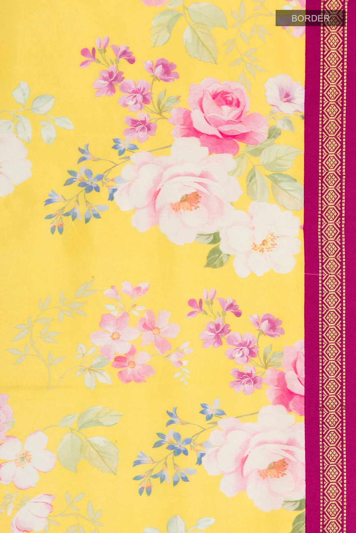 Border image of Yellow Printed Silk Saree with Printed design on the body and Zari Border