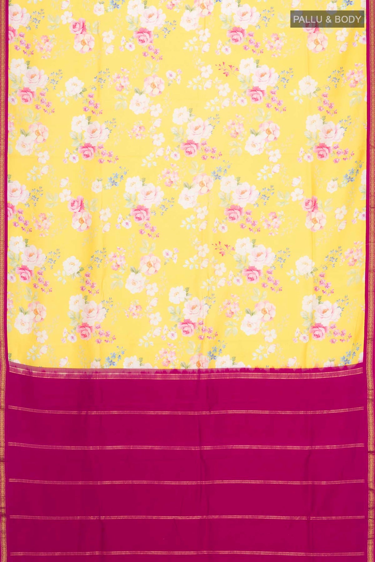 Flat view of Yellow Printed Silk Saree with Printed design on the body and Zari Border