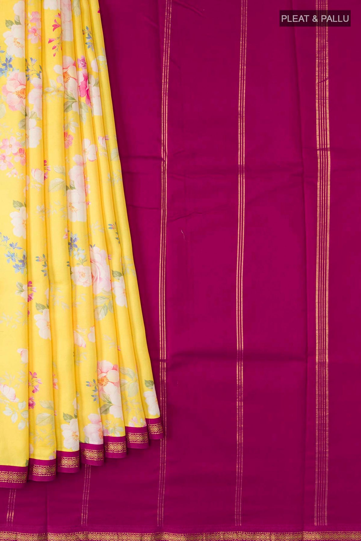 Pleats and pallu of Yellow Printed Silk Saree with Printed design on the body and Zari Border