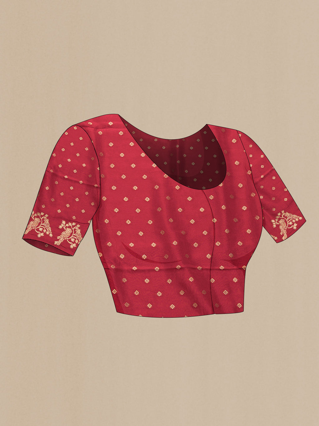 Close up image of the blouse of Red Dual Tone Tussar Silk Saree with Zari Butta on the body and Fancy Border. 