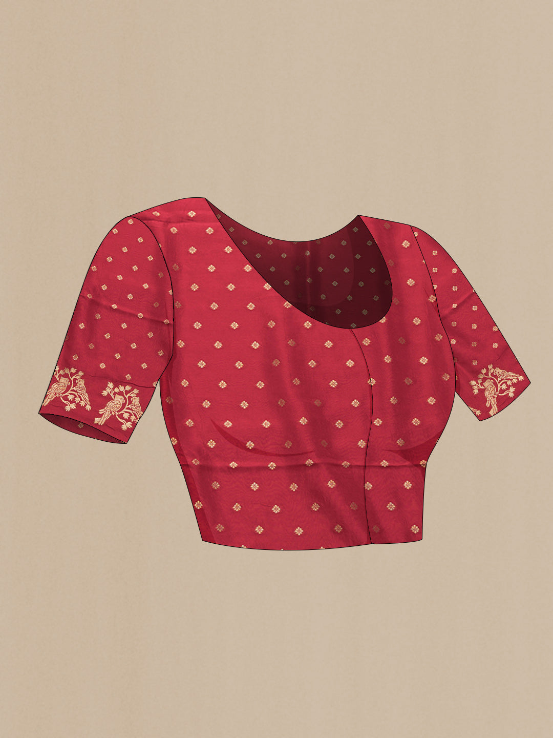 Close up image of the blouse of Red Dual Tone Tussar Silk Saree with Zari Butta on the body and Fancy Border. 