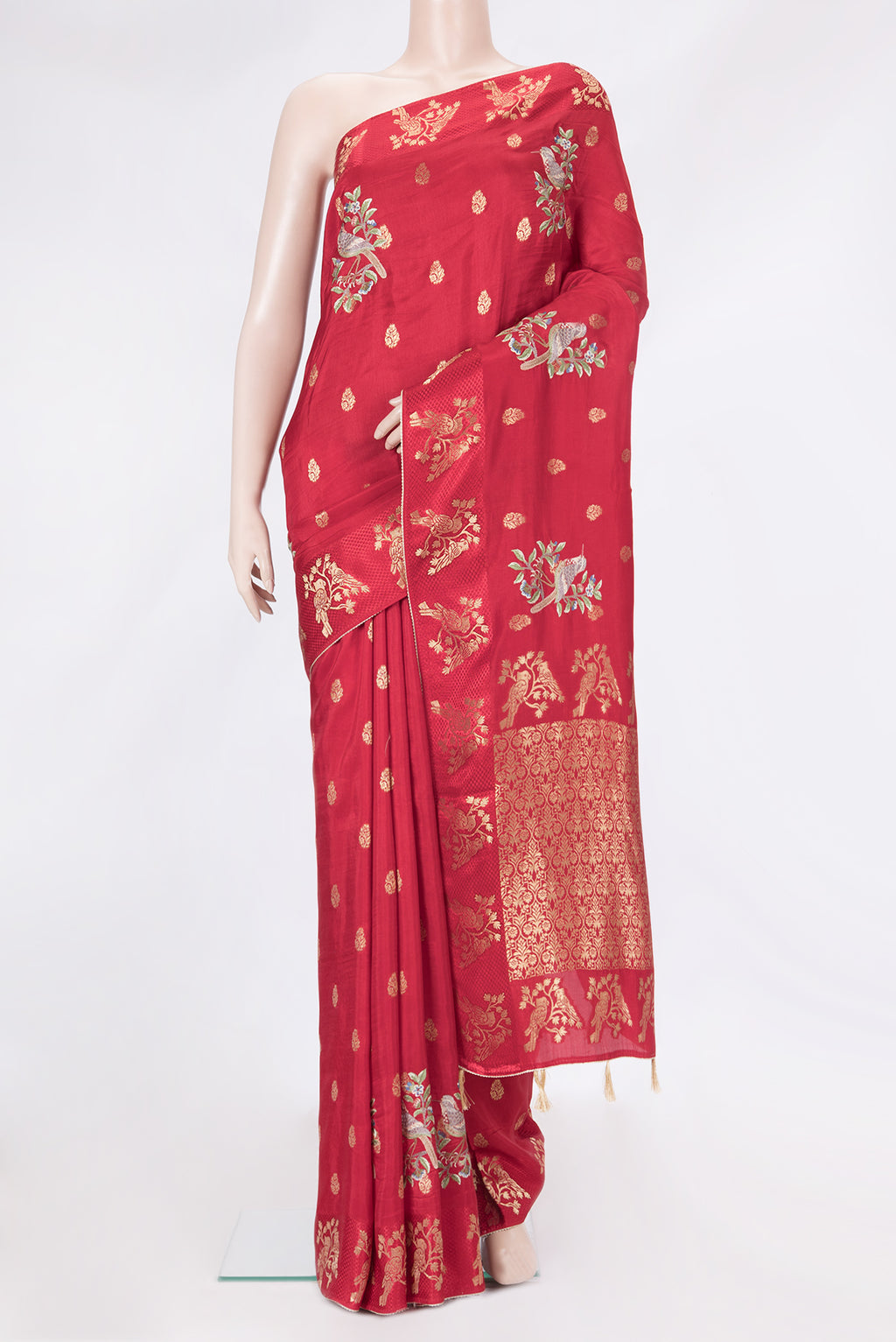 Red Dual Tone Tussar Silk Saree with Zari Butta on the body and Fancy Border.  displayed on a mannequin