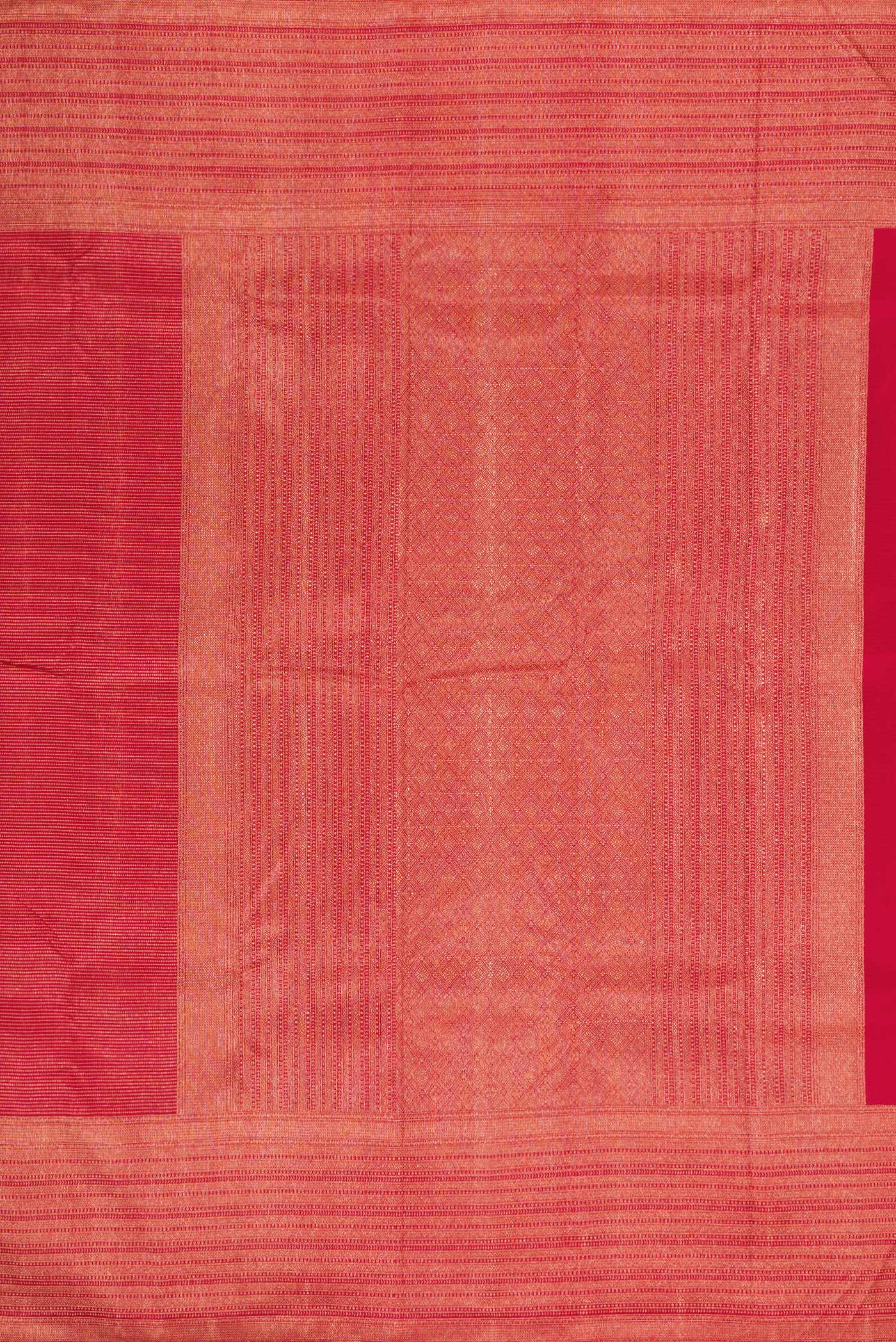 Close up image of the pallu of Red Dual Tone Kanjivaram Silk Saree with Zari Brocade on the body and Zari Border. 