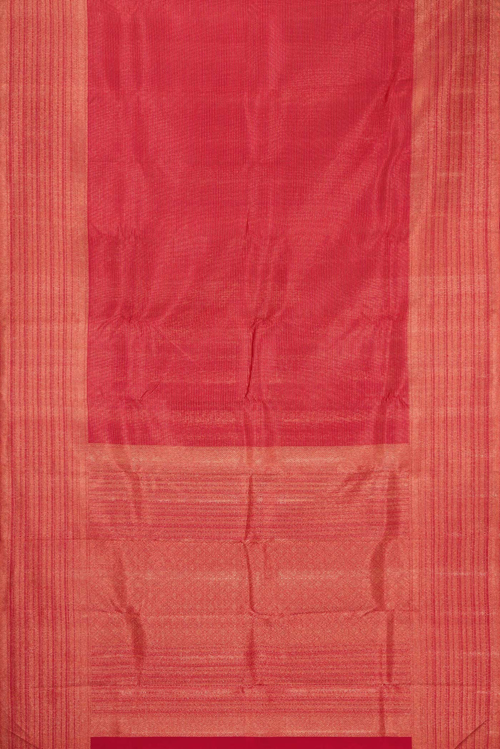 Flat view of Red Dual Tone Kanjivaram Silk Saree with Zari Brocade on the body and Zari Border. 