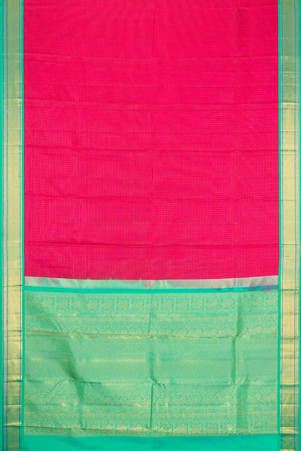 Flat view of Dark Pink Dual Tone Kanjivaram Silk Saree with Jacquard design on the body and Zari Border. 