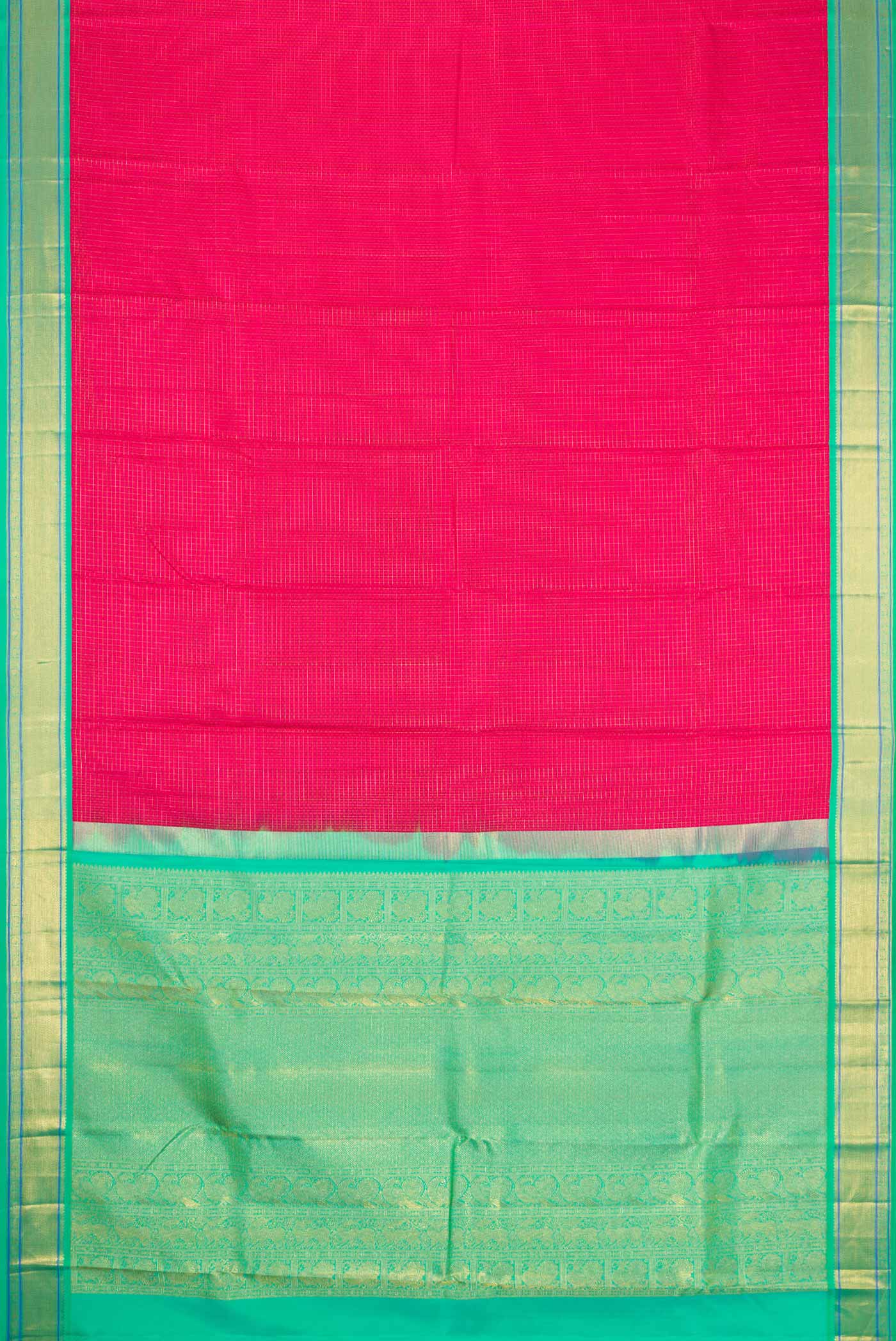 Flat view of Dark Pink Dual Tone Kanjivaram Silk Saree with Jacquard design on the body and Zari Border. 