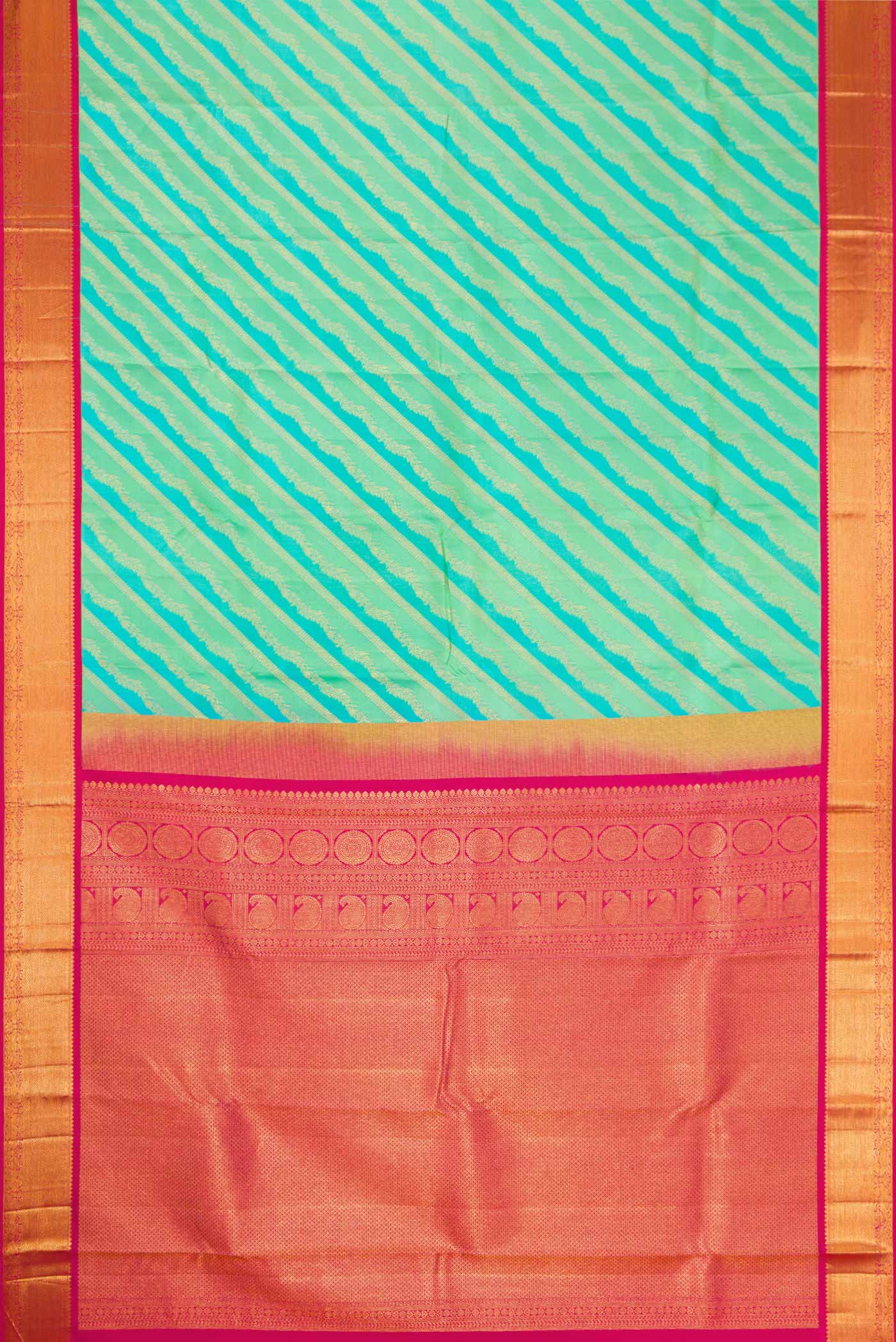 Flat view of Pista Green and Sky Blue Dual Tone Kanjivaram Silk Saree with Zari Brocade on the body and Zari Border. 