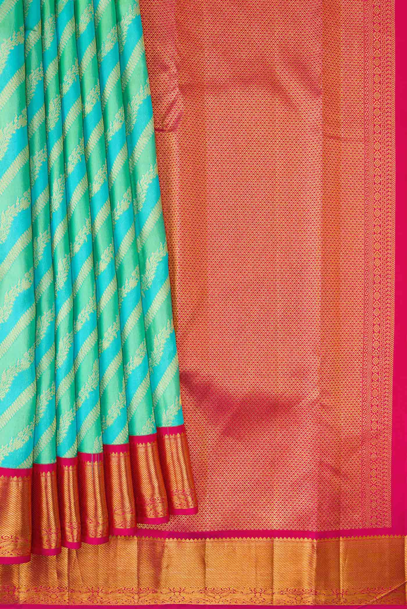 Pleats and pallu of Pista Green and Sky Blue Dual Tone Kanjivaram Silk Saree with Zari Brocade on the body and Zari Border. 