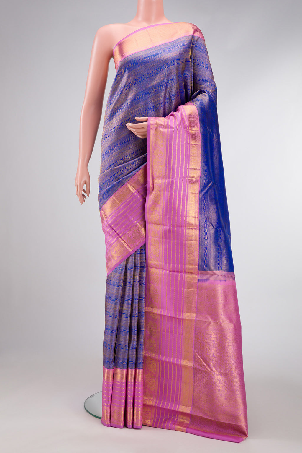 Royal Blue Dual Tone Kanjivaram Silk Saree with Zari Brocade on the body and Zari Border.  displayed on a mannequin