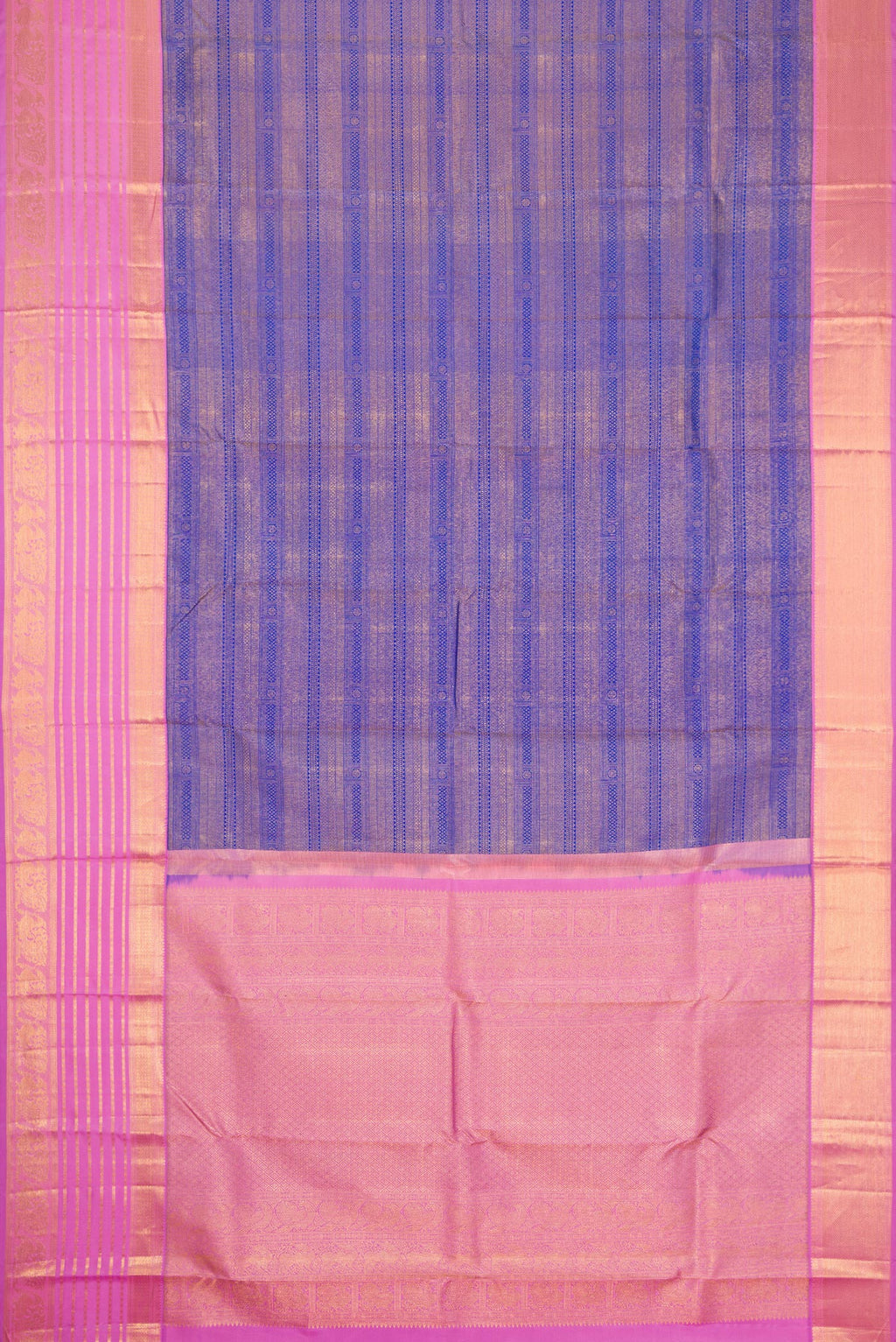 Flat view of Royal Blue Dual Tone Kanjivaram Silk Saree with Zari Brocade on the body and Zari Border. 