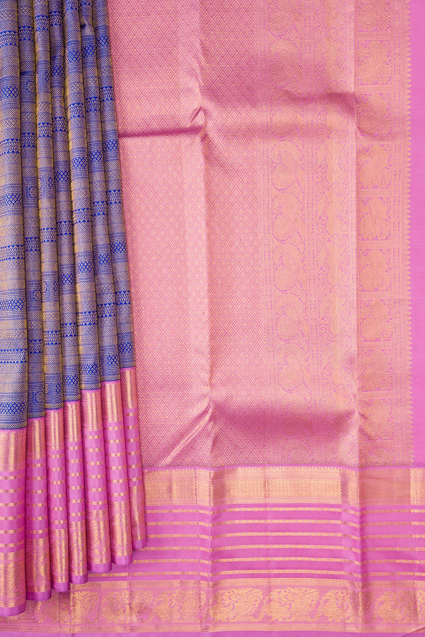 Pleats and pallu of Royal Blue Dual Tone Kanjivaram Silk Saree with Zari Brocade on the body and Zari Border. 