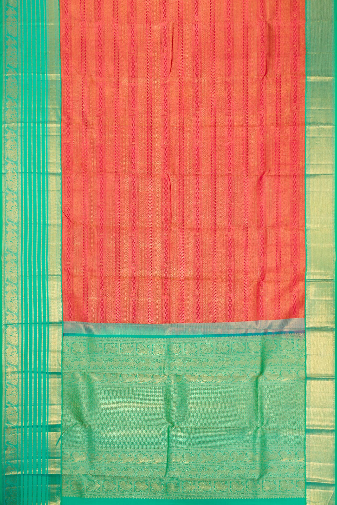 Flat view of Pink Dual Tone Kanjivaram Silk Saree with Zari Brocade on the body and Fancy Border. 