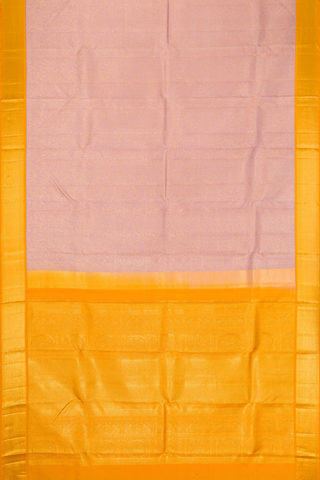 Flat view of Lilac Dual Tone Kanjivaram Silk Saree with Zari Brocade on the body and Zari Border. 