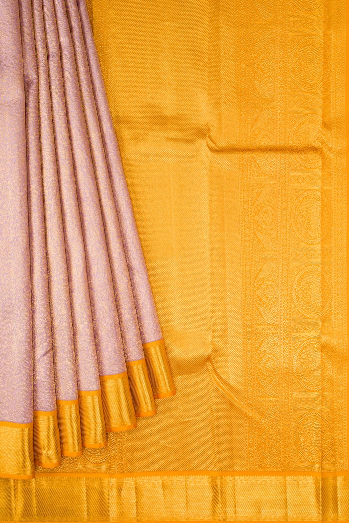 Pleats and pallu of Lilac Dual Tone Kanjivaram Silk Saree with Zari Brocade on the body and Zari Border. 