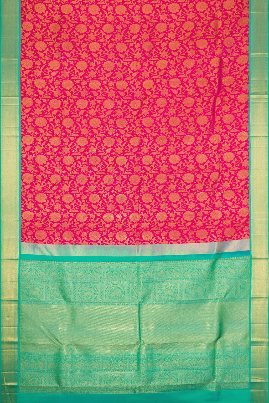 Flat view of Dark Pink Dual Tone Kanjivaram Silk Saree with Zari Brocade on the body and Zari Border. 