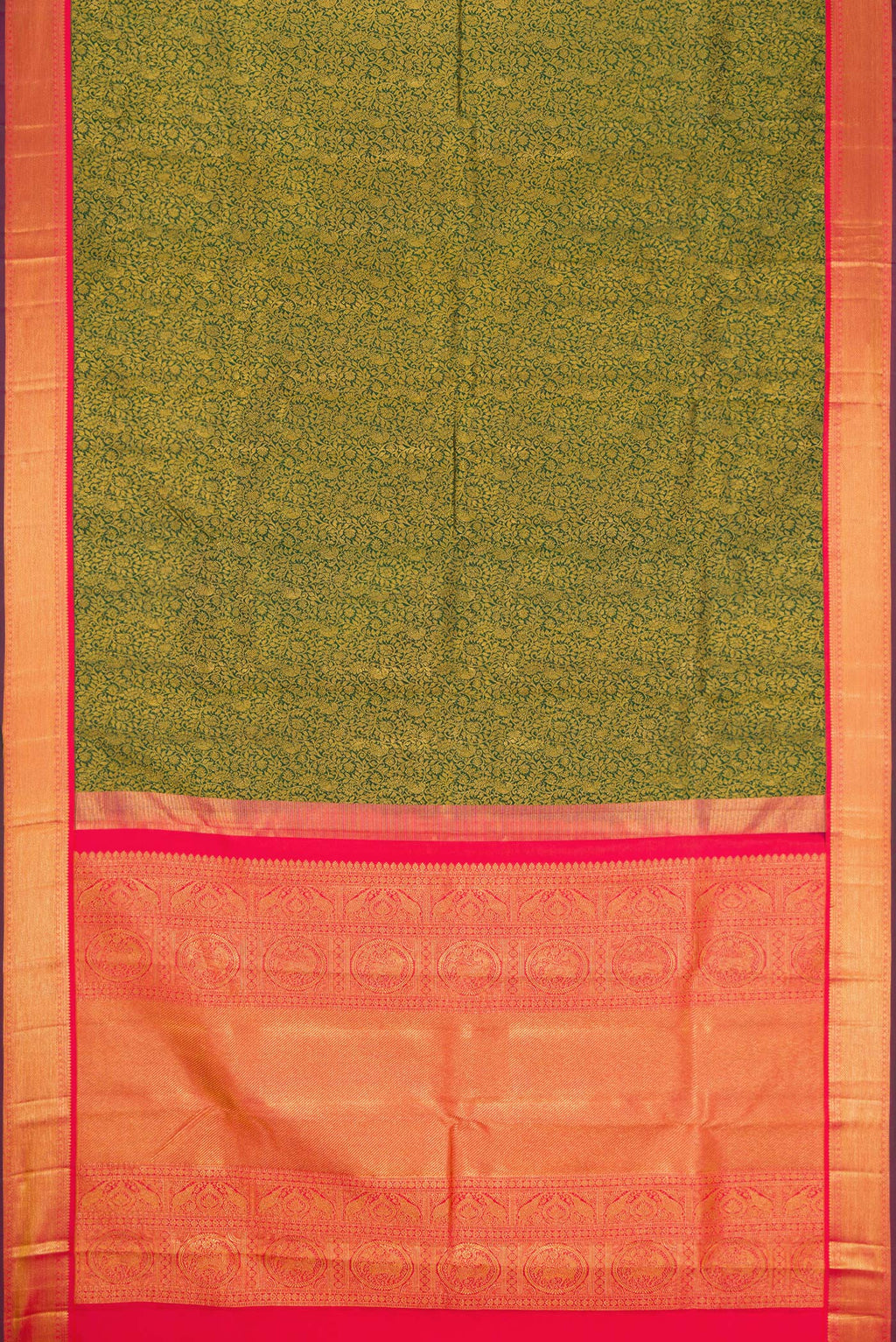 Flat view of Bottle Green Dual Tone Kanjivaram Silk Saree with Zari Brocade on the body and Zari Border. 