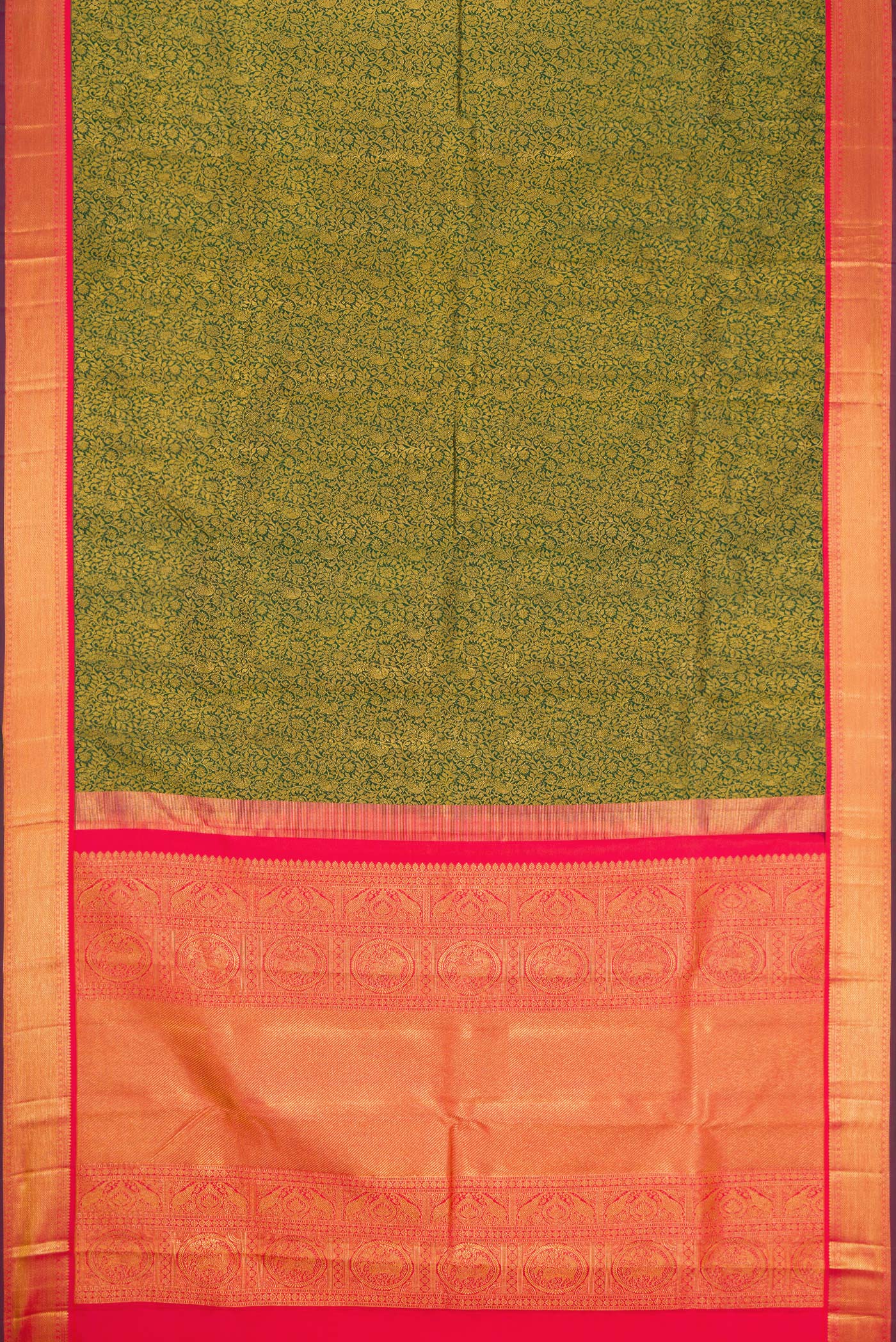 Flat view of Bottle Green Dual Tone Kanjivaram Silk Saree with Zari Brocade on the body and Zari Border. 