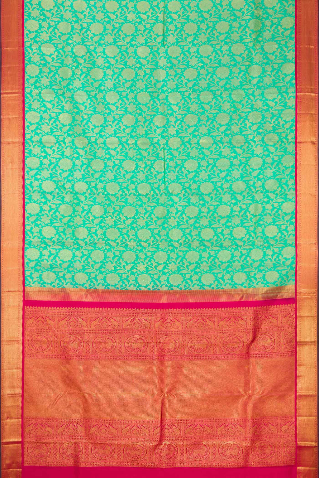 Flat view of Sea Green Dual Tone Kanjivaram Silk Saree with Zari Brocade on the body and Zari Border. 