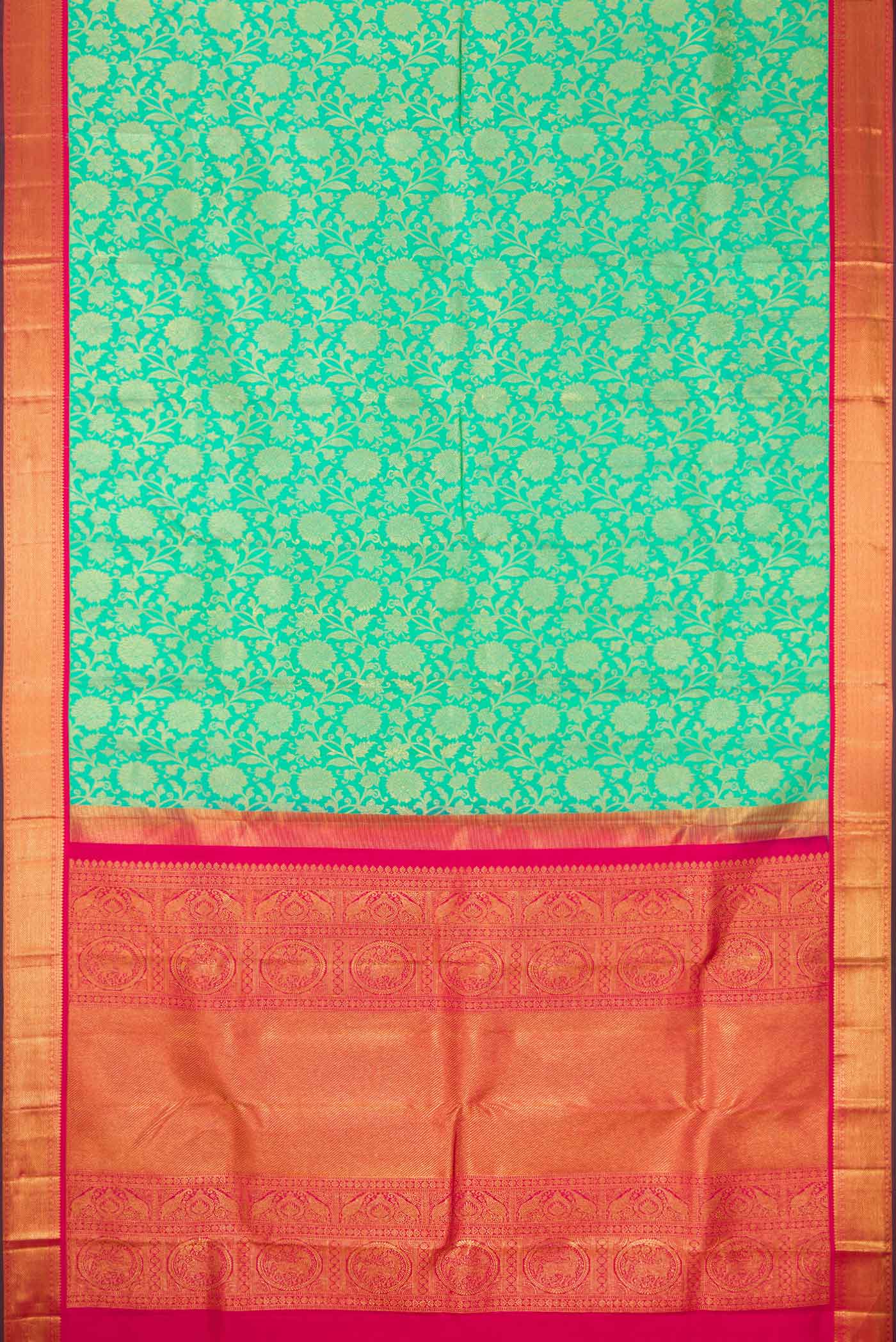 Flat view of Sea Green Dual Tone Kanjivaram Silk Saree with Zari Brocade on the body and Zari Border. 