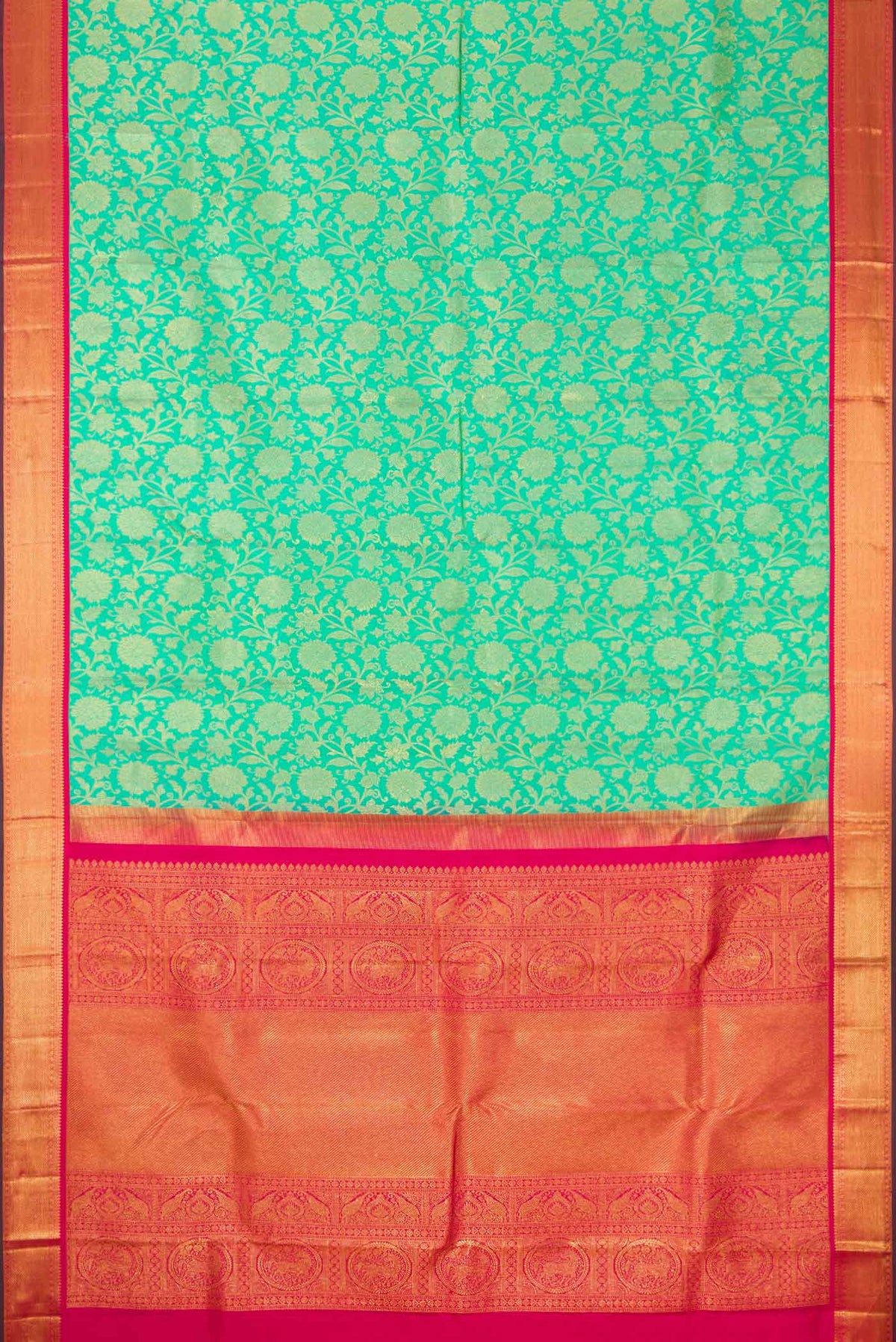 Flat view of Sea Green Dual Tone Kanjivaram Silk Saree with Zari Brocade on the body and Zari Border. 