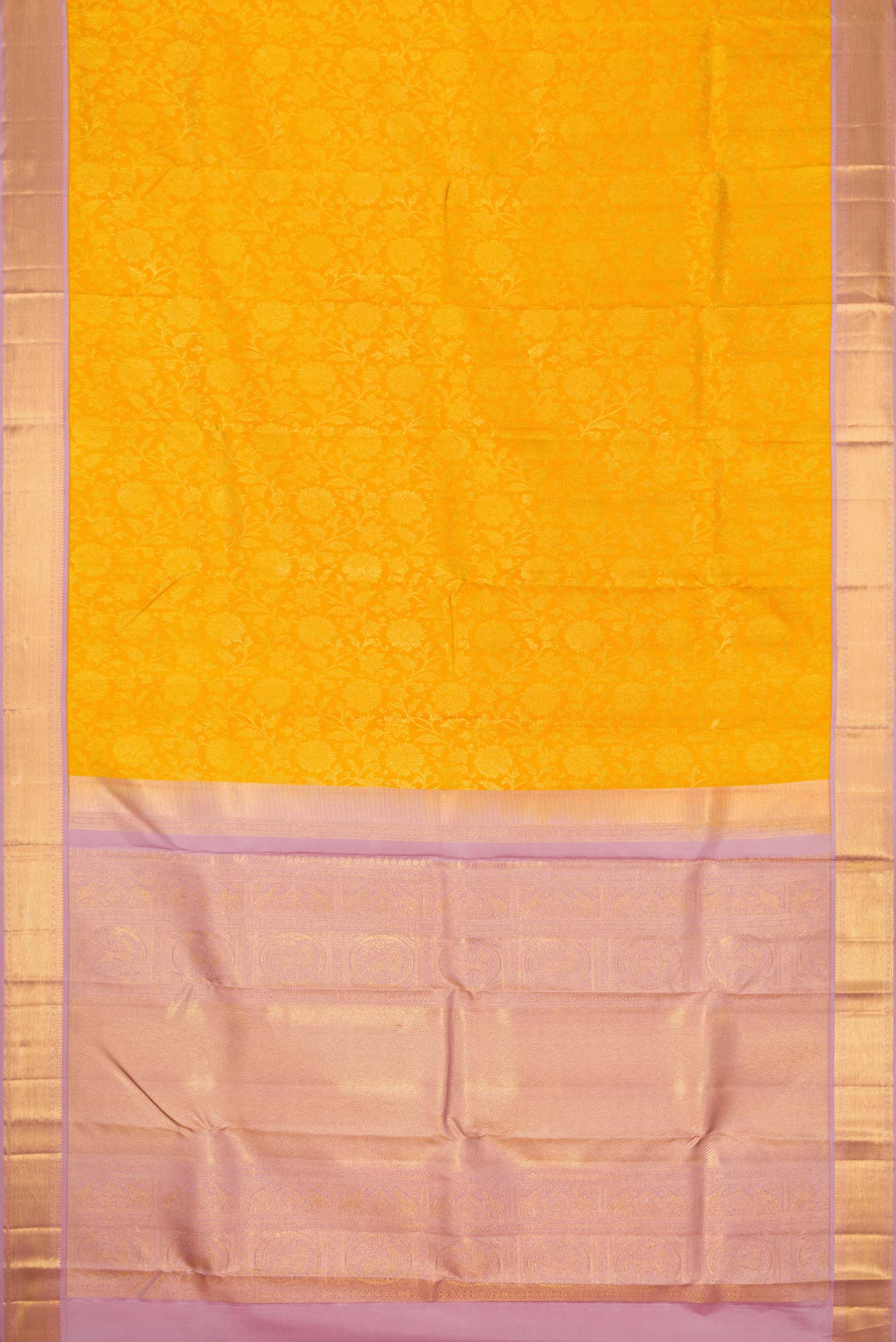 Flat view of Mustard Dual Tone Kanjivaram Silk Saree with Zari Brocade on the body and Zari Border. 