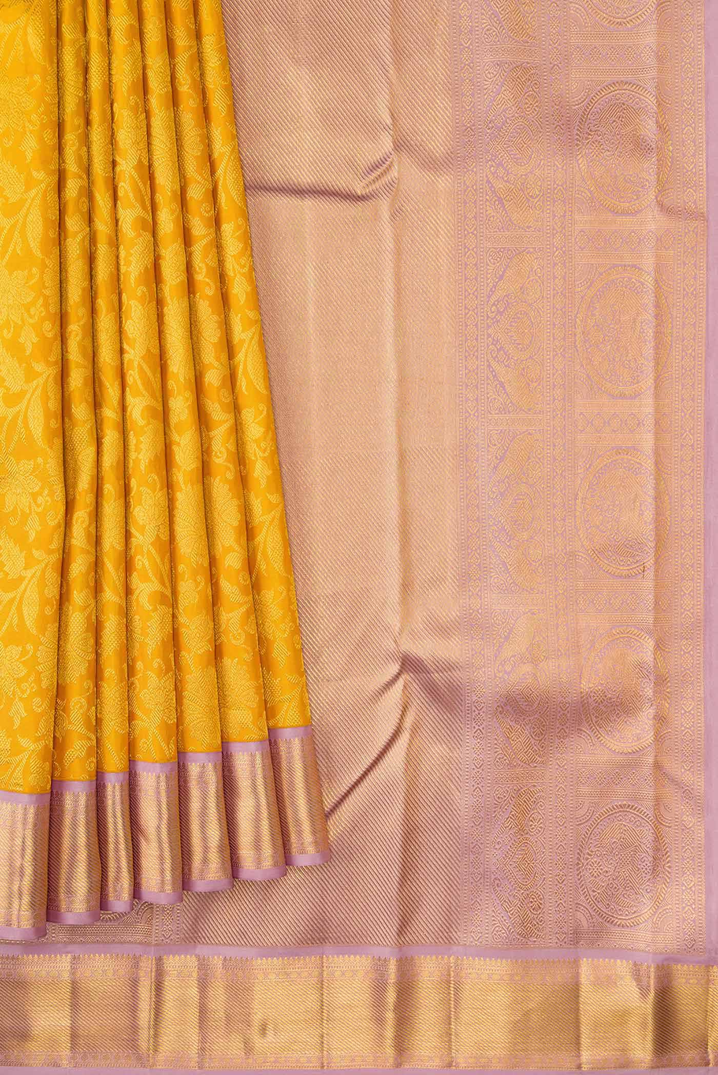 Pleats and pallu of Mustard Dual Tone Kanjivaram Silk Saree with Zari Brocade on the body and Zari Border. 