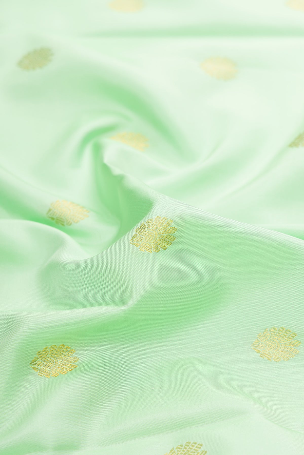Close up of Pista Green Kanchipuram Silk Saree with Zari Butta on the body and Zari Border.  displaying folds