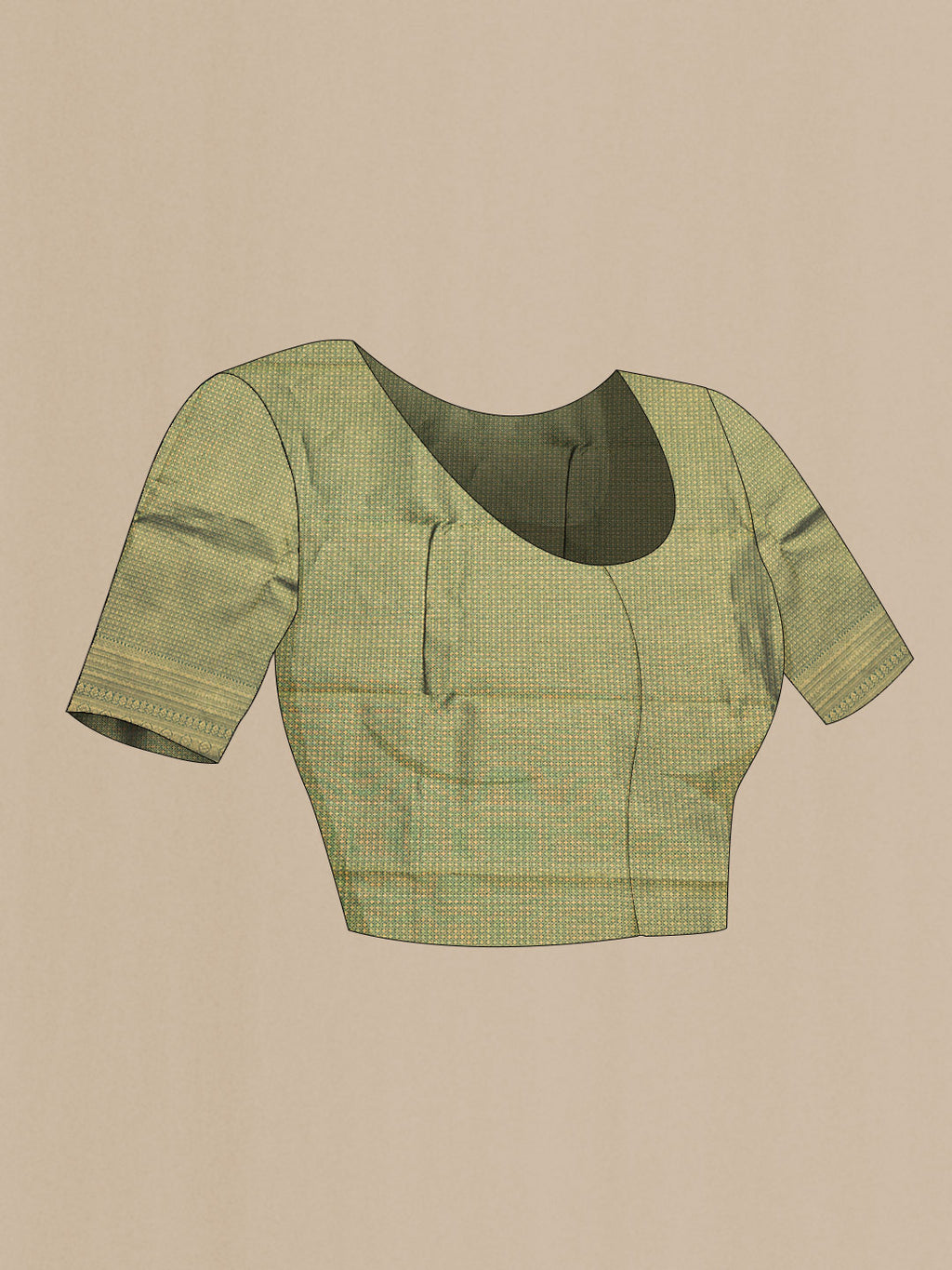 Close up image of the blouse of Green Dual Tone Kanchipuram Saree with Zari Butta on the body and Zari Border. 