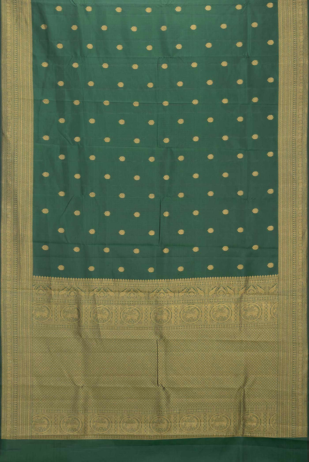 Flat view of Green Dual Tone Kanchipuram Saree with Zari Butta on the body and Zari Border. 