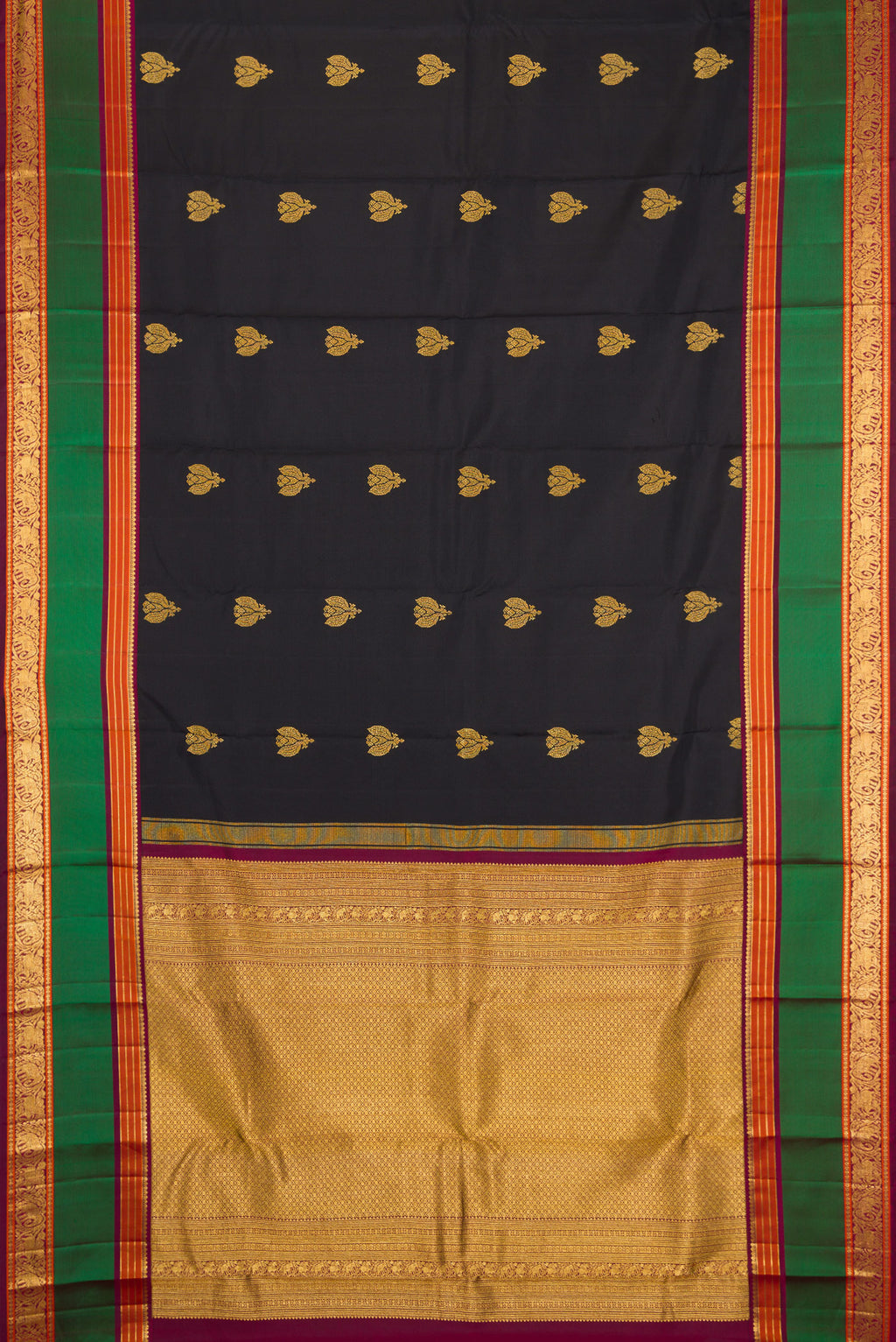 Flat view of Black Kanjivaram Silk Saree with Zari Butta on the body and Zari And Thread Border. 