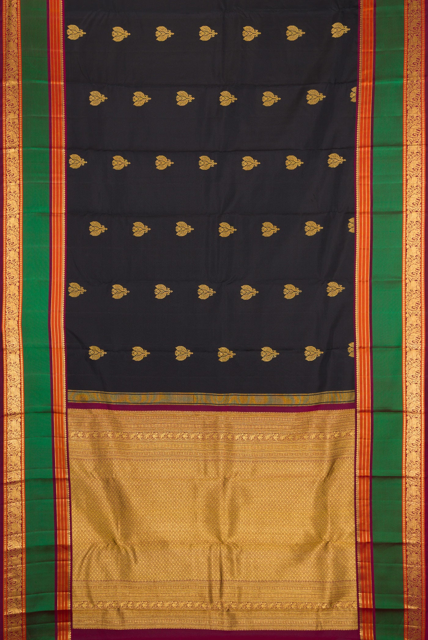 Flat view of Black Kanjivaram Silk Saree with Zari Butta on the body and Zari And Thread Border. 